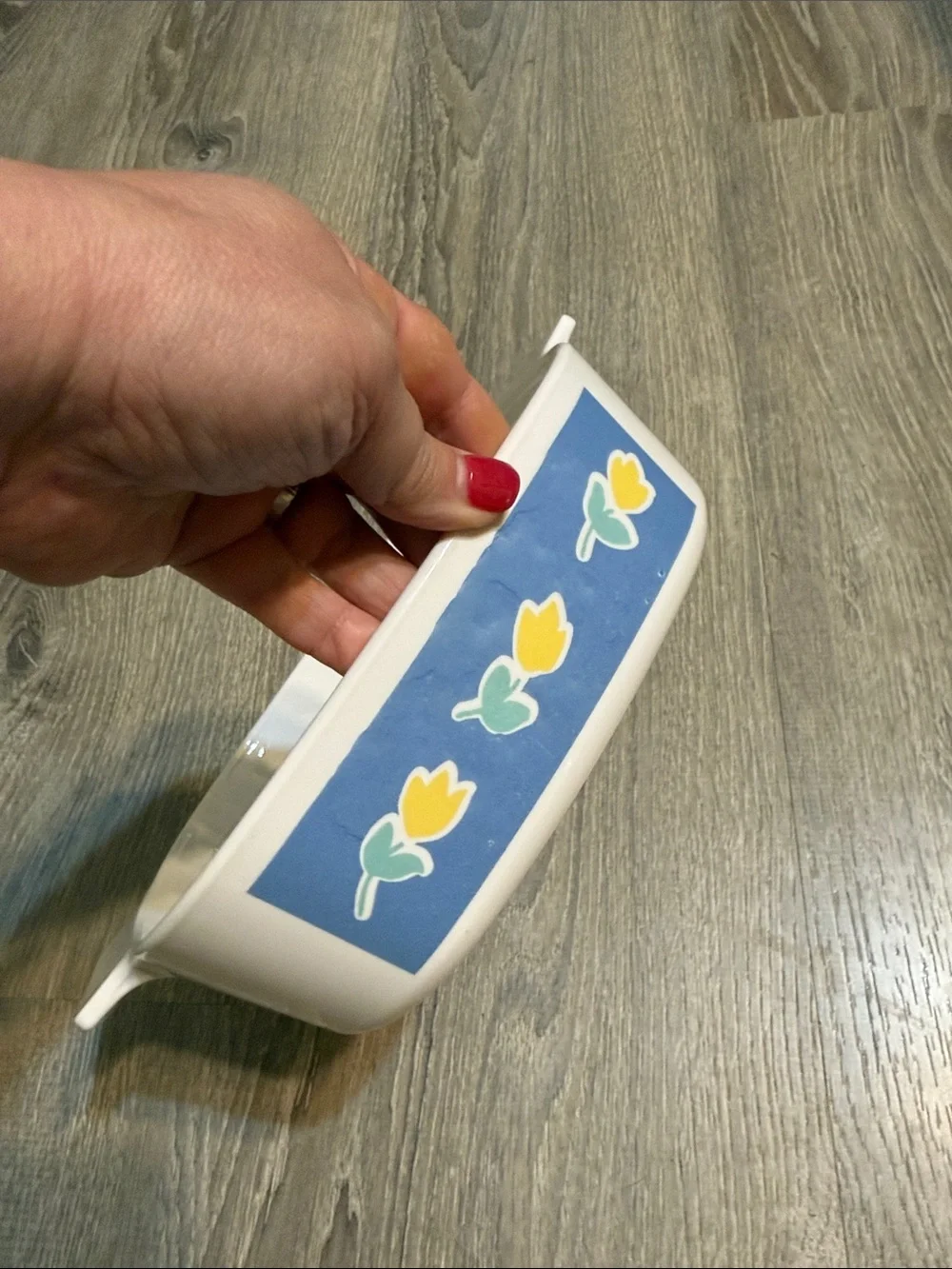 Corningware Primavera Baking Dish with Blue  Border & Yellow Tulip Accents Vtg